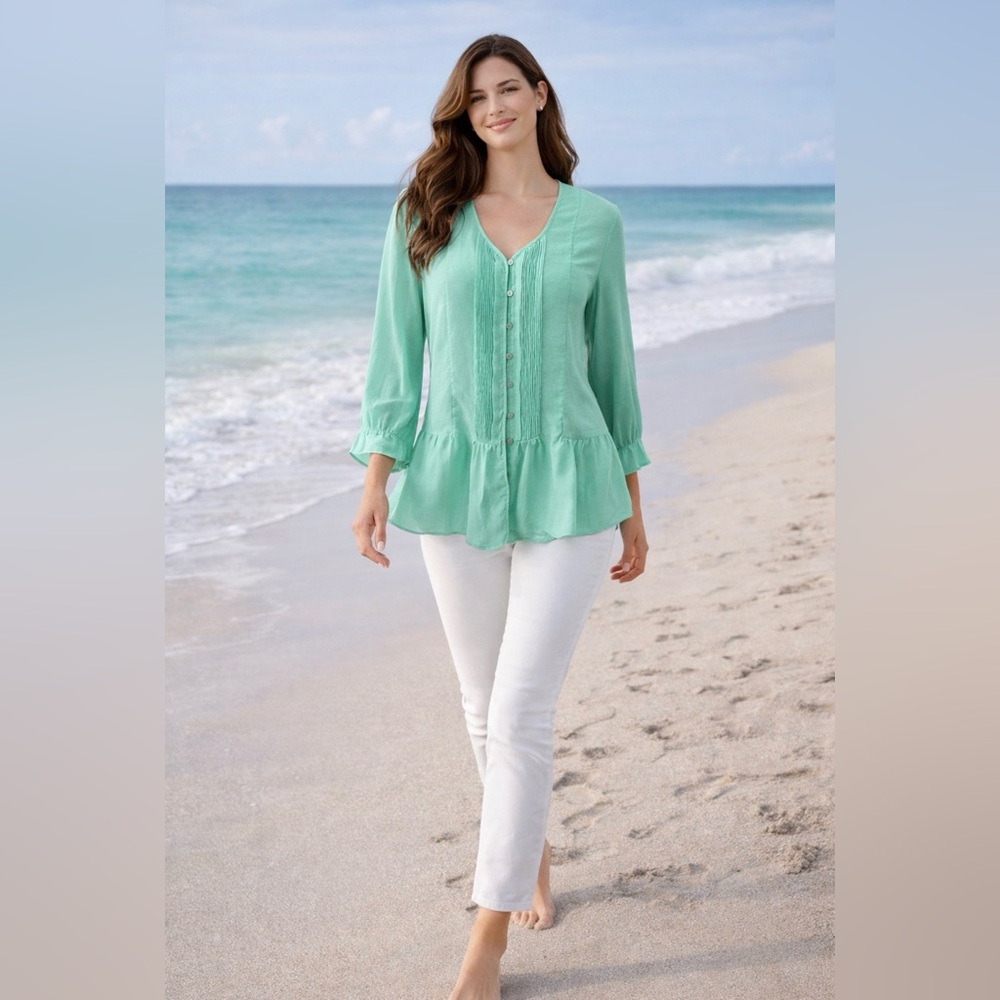 Soft Surroundings Long Sleeve Pistachio Green Blouse Top W Cami M Medium